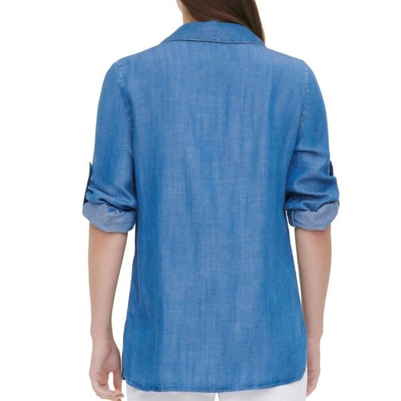 Calvin Klein NWOT Roll Sleeve Lace Up Chambray Blouse Size S - Picture 5 of 8